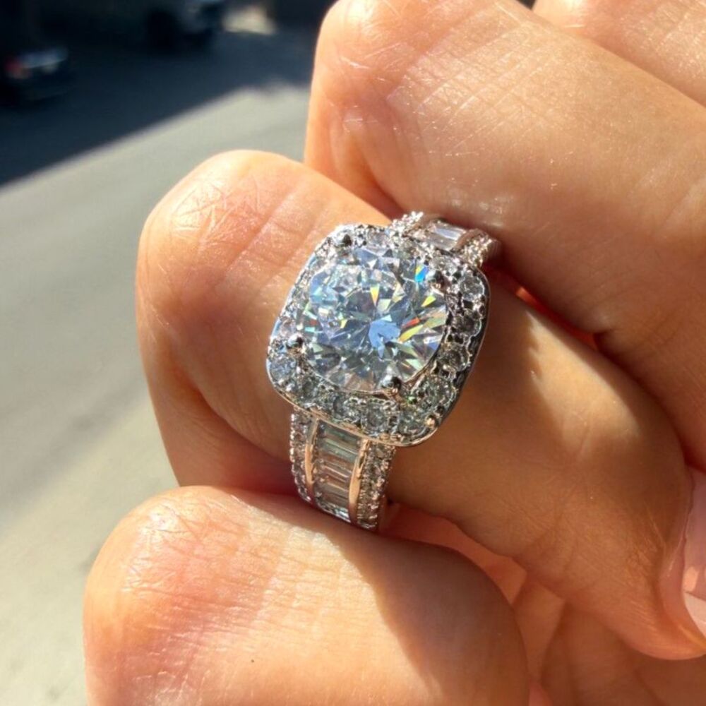 Moissanite Halo Ring Size 5 - Round Cut - Baguette Accents - Statement Ring